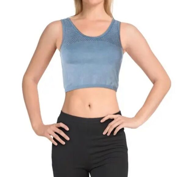 NWT Splendid Distressed Mesh Trim Seamless Activewear Crop Top in Moonlight Blue - Picture 2 of 5
